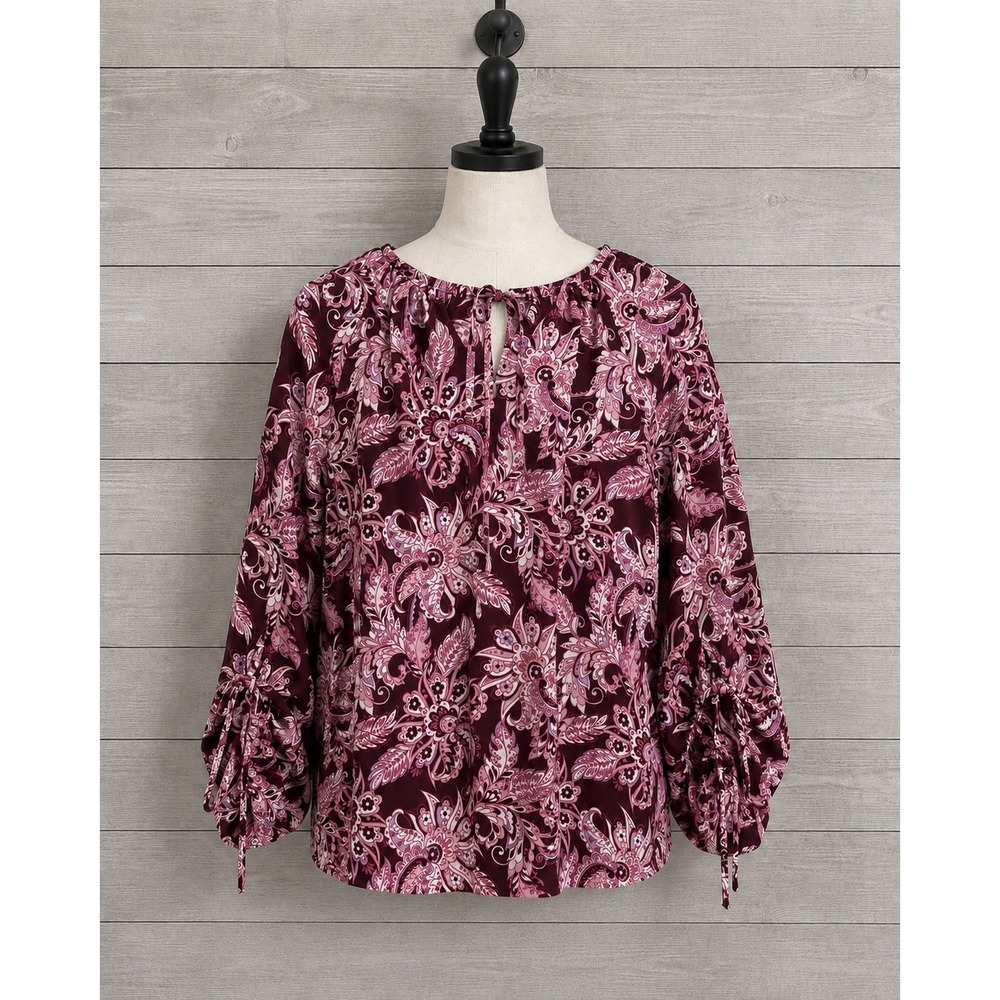 Belle Boho Kim Gravel Top Burgundy Paisley Ruched Tie Sleeve Size Small A617205